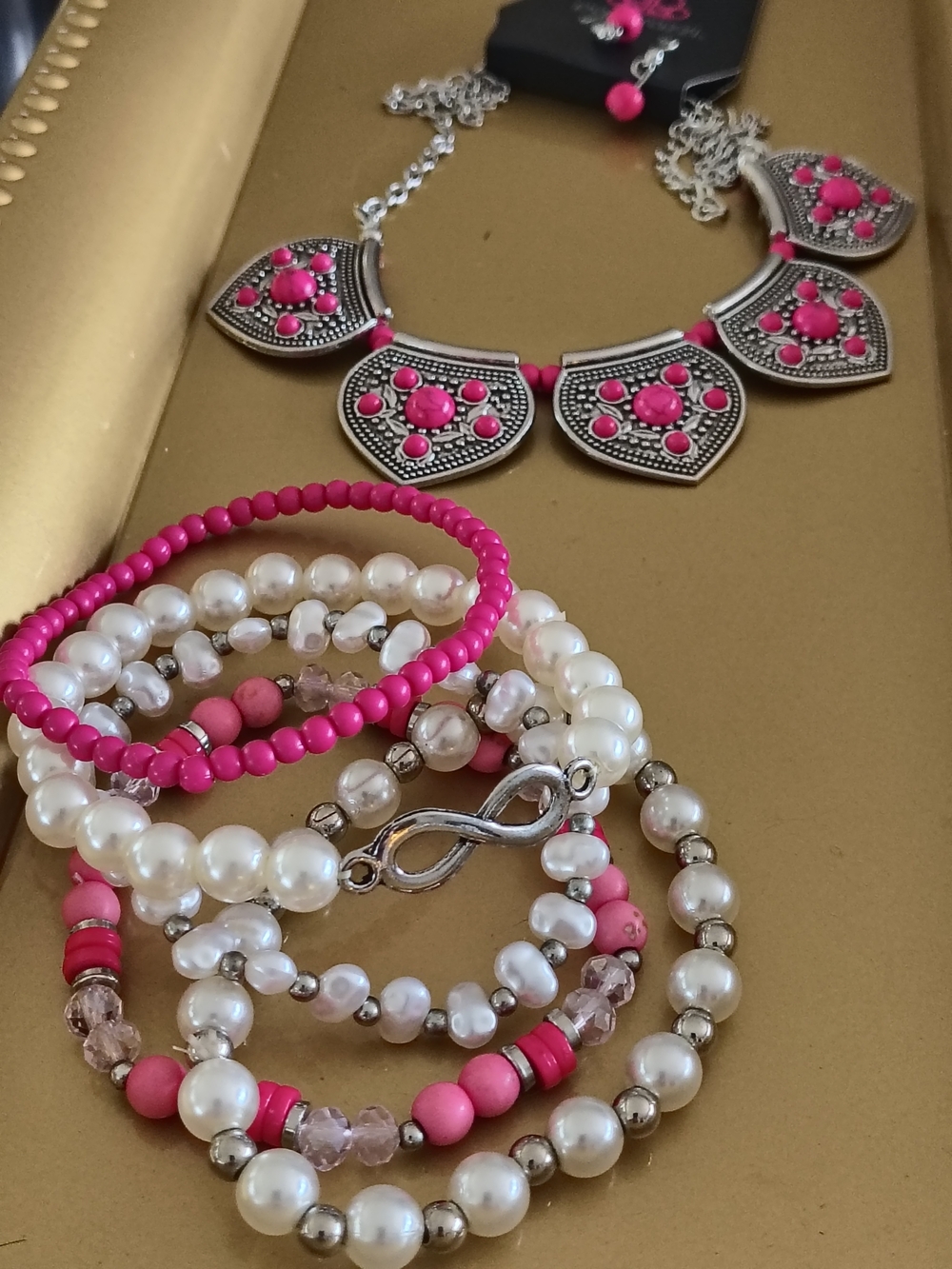 Paparazzi Hot Pink Necklace With Pearl & Bead Bracelet Stack Eternity Ribbon